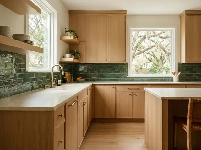Illustration: kitchen with white oak cabinets, cream countertops and a green tile backsplash